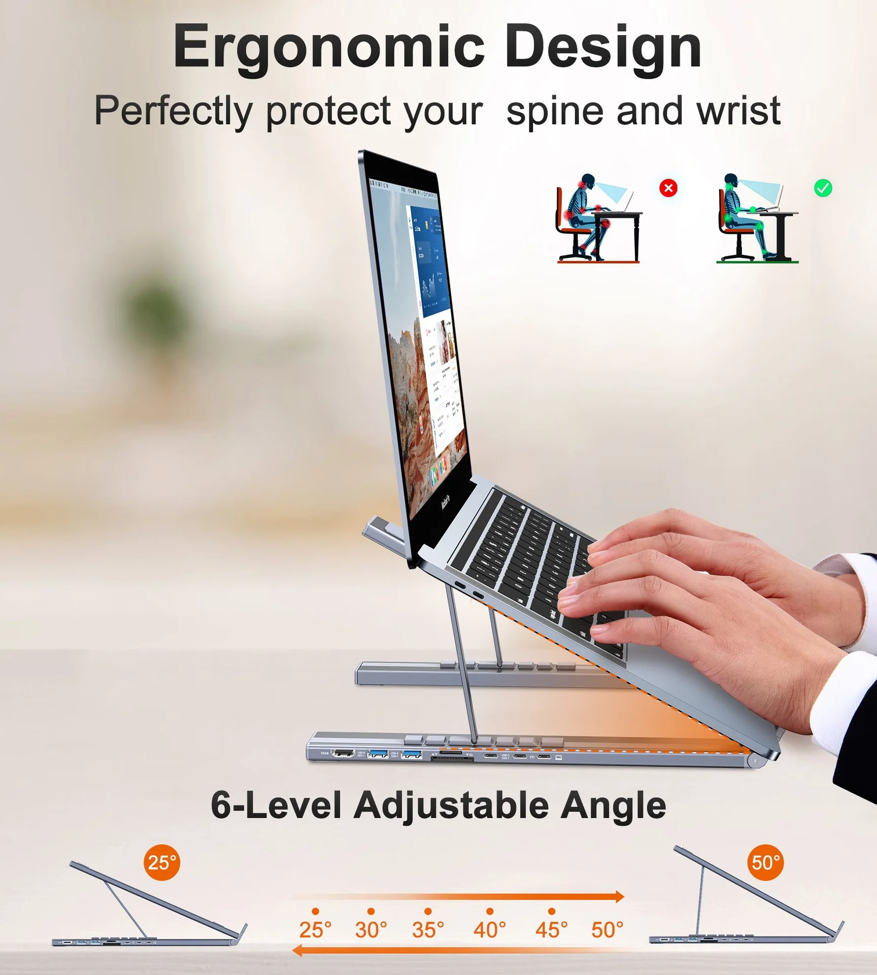 Portable Laptop Stand 8 Ports Usb c Hub HD 4K USB3.0 Multifunction 8 in 1 Laptop Notebook Holder Riser Stand