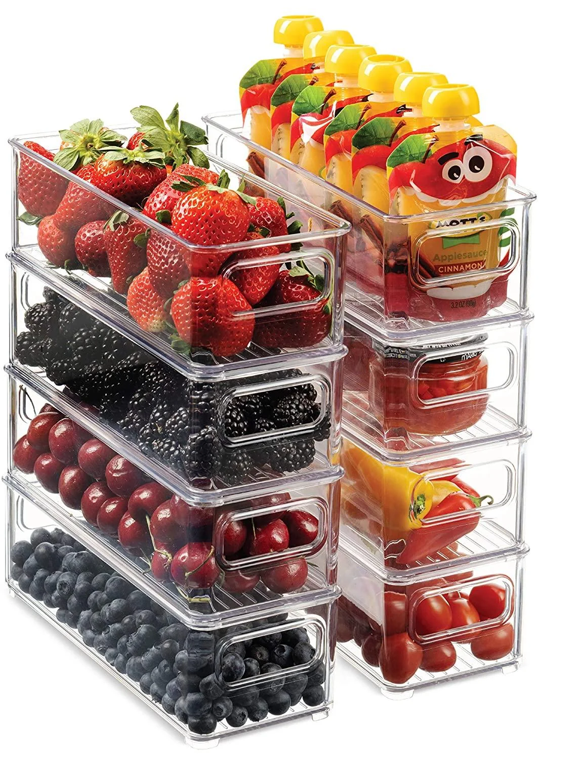 Set of 8 Stackable Plastic Food Storage Bins Refrigerator Organizer  Baskets  with Handle for Pantry Plastic Food Storage Rack