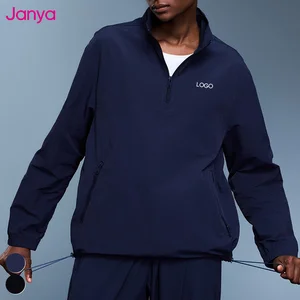 Janya Solid Lightweight Waterproof Windproof Fitness Jacket Half Zipper Stand up Collar Hem Drawstring Outdoor Sports Tops