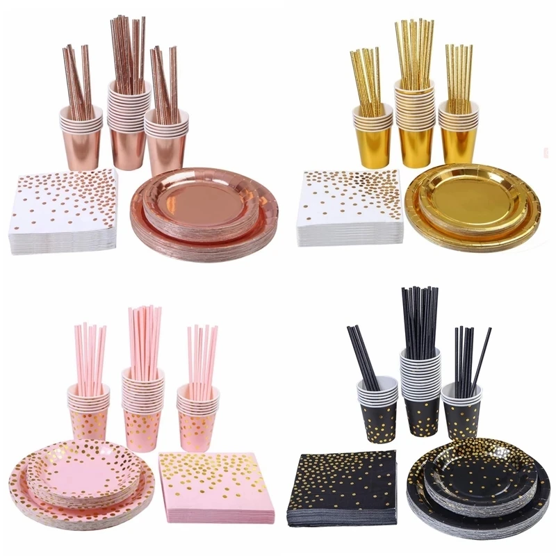 2023 Disposable Plain Dot Paper Plate Party Tableware Set Birthday Decoration Wedding Tableware Set Elegant Napkin Party Decor