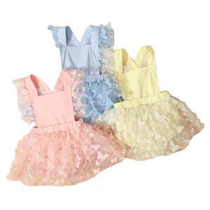 2022 New Fashion Girls Bodysuit Summer Sleeveless Solid Color Square Neck Lace Mesh Butterfly Jumpsuit Baby Cute Romper