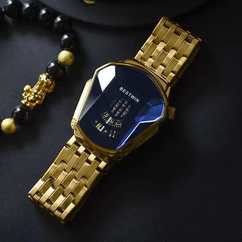 BESTWIN Exclusive Car Shape Engine Stylish Punk Quartz Watches for Men Fashion Stainless Steel Waterproof LED Digital Watch 6615