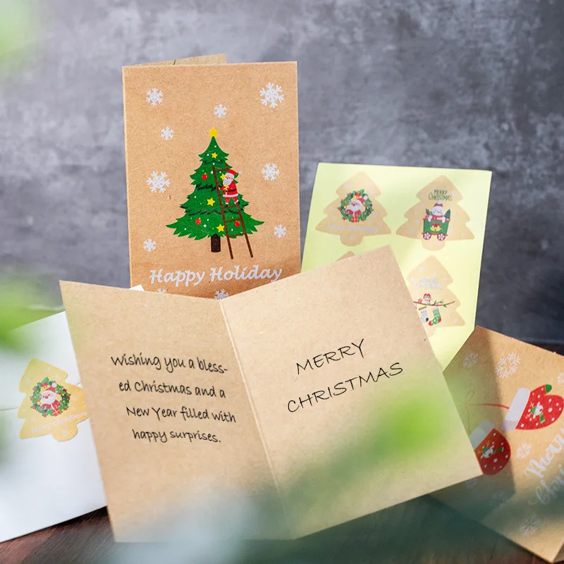 High Quality 6pcs/set Blank Kraft Paper Greeting Cards Folding Thank You Card With Envelopes And Sticker For Wedding Christmas details