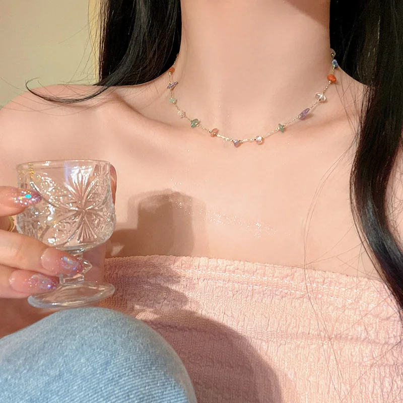 Rinhoo Delicate Colorful Natural Stone Choker Necklace Simple Link Chain Cute Women Girl Fashion Summer Necklaces