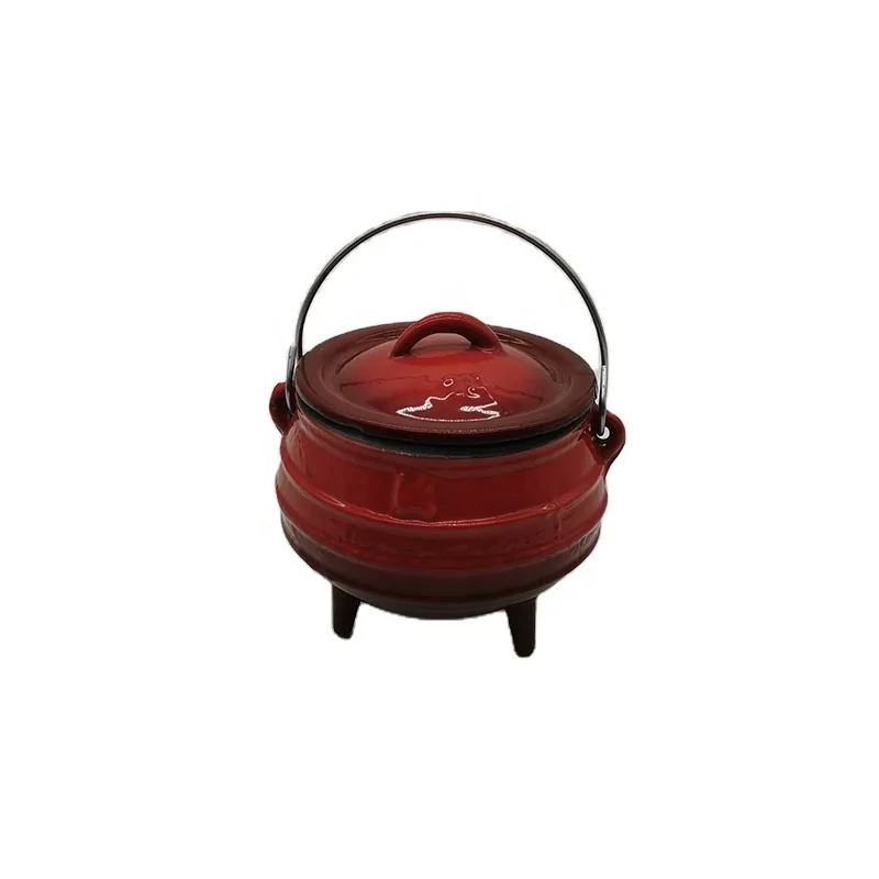 red enameled small cast iron cauldron