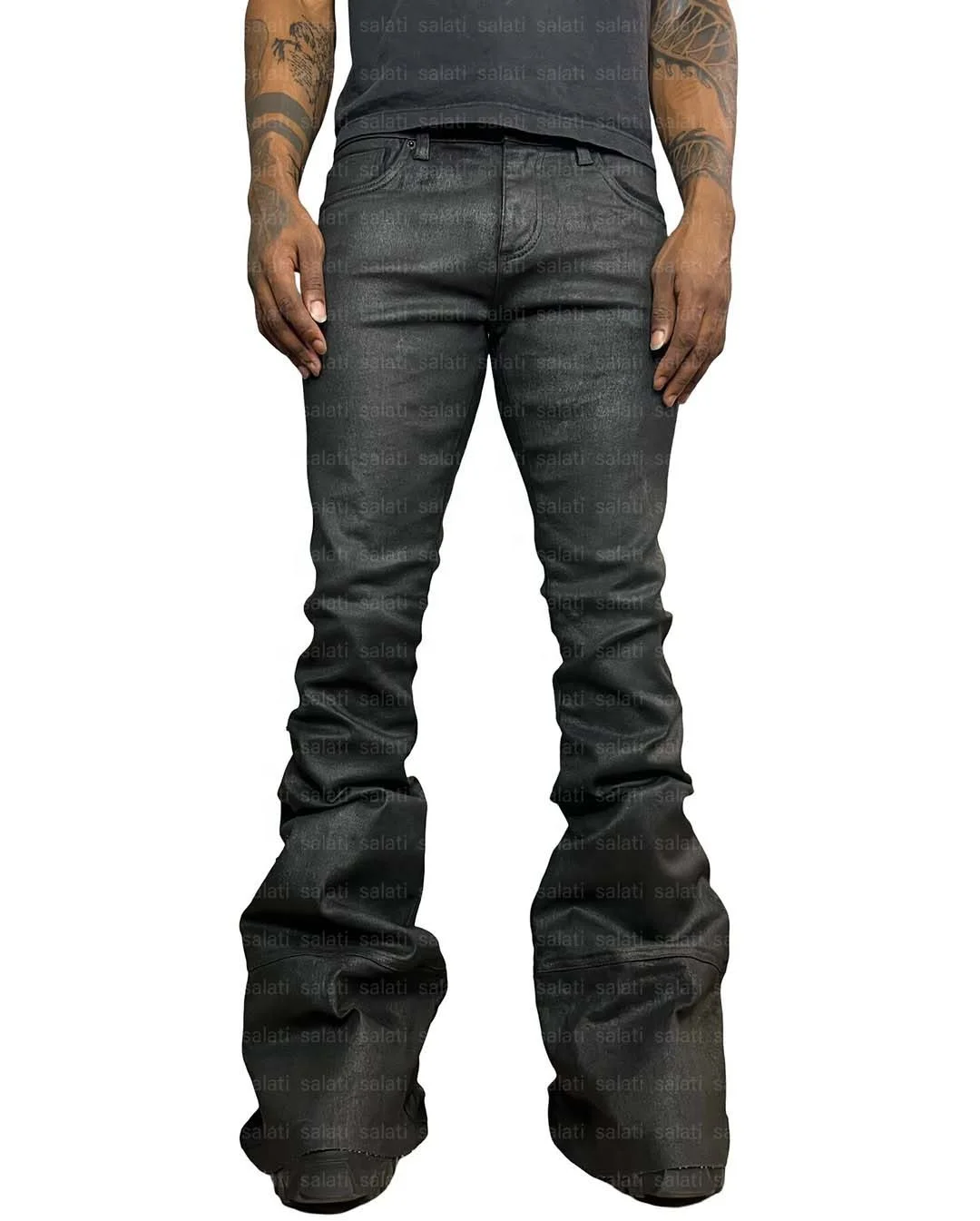 Salati Punk Jean Hommes Manufacturer Custom Streetwear Hip Hop Low Rise Waxed Vintage Flared Trouser Denim Pant Stacked Jean Men gallery 2