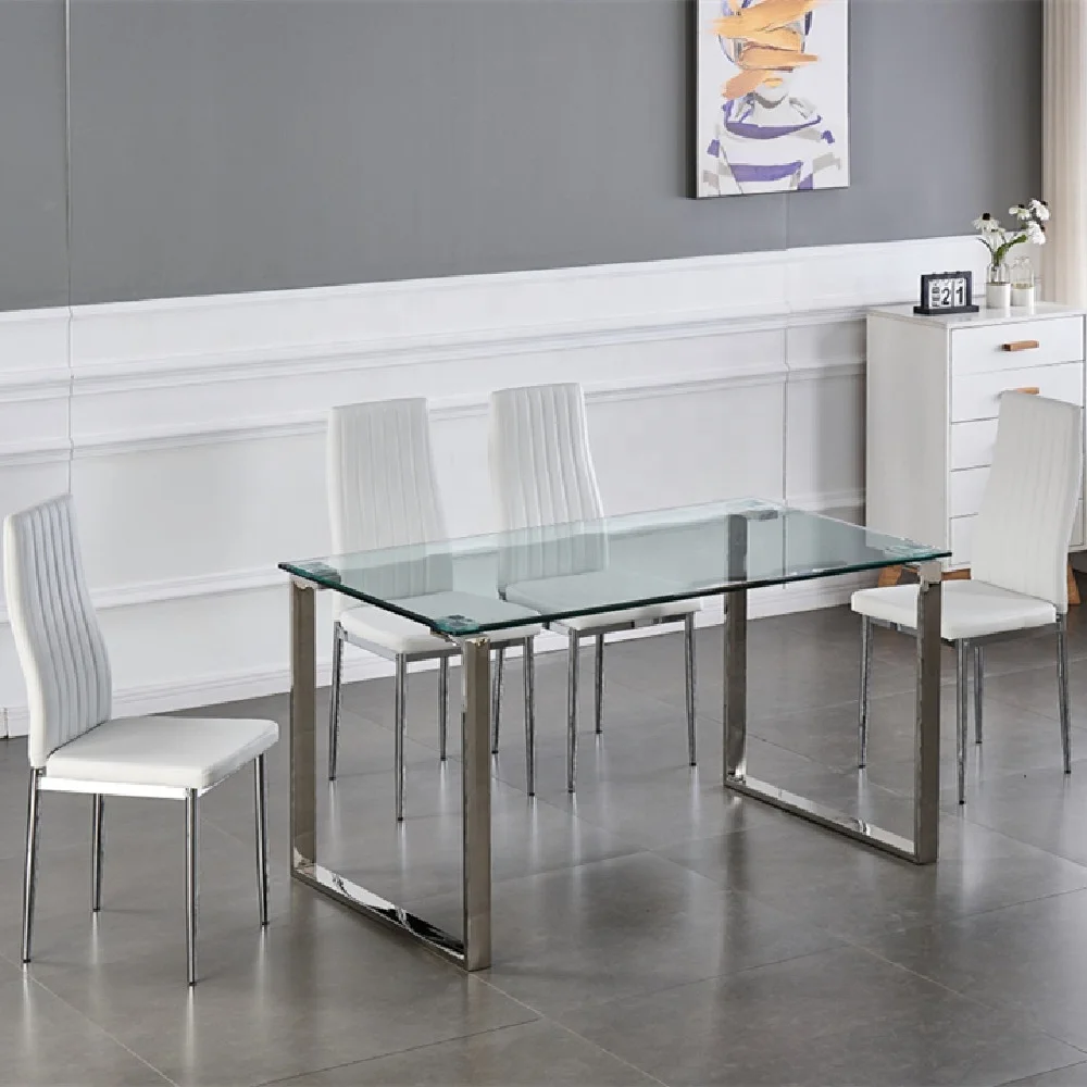 New Design Modern Dining Room Furniture Silver Stainless Steel 12mm Thick Tempered Glass 4 Seater Modern Dining Table Set