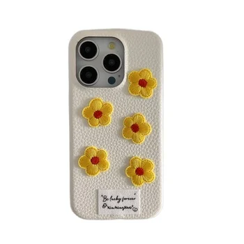 Luxury Fashion Three-dimensional Yellow Flowers Leather Shockproof Protective Phone Cover Case For iPhone 12 13 14 15 Pro Max