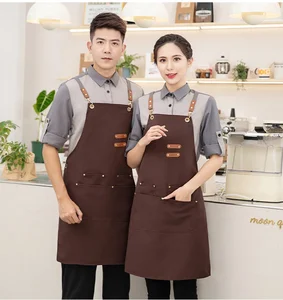 Unisex High Quality Waterproof Canvas Leather Accessories Apron with Custom Logo Printing Restaurant & Bar Uniforms Wholesale