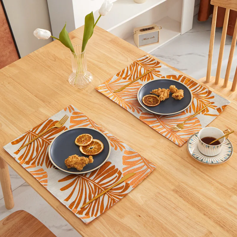 Nordic Style Dingin Table Jacquard Placemat Linen Cotton Restaurant Table Mats with Leaves Pattern