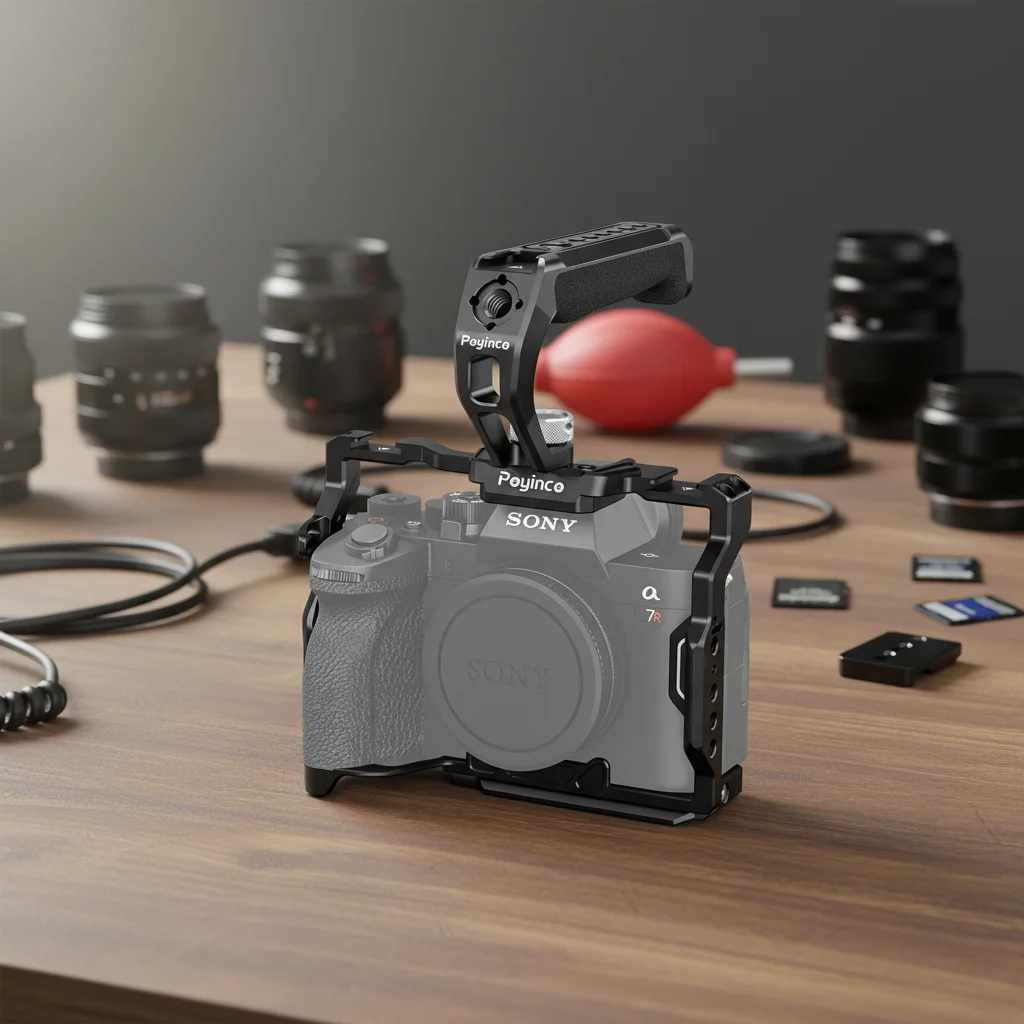Sada kamerové klece pro kameru Sony A7R V/A7 IV, kamerový rig z hliníkové slitiny s horním držadlem a studeným příslušenstvím (cold shoe)