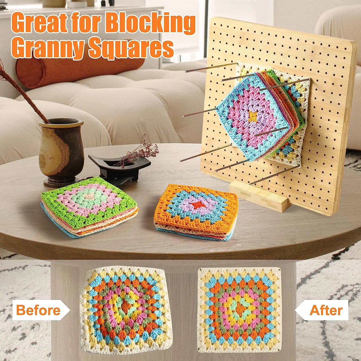 Accessoire Crochet Bambou Planche De Blocage En Bambou Pour Carrés Granny - 20x20cm + 20 Broches Acier - Projet Crochet - Cadeau Créatif Outil Projet Crochet