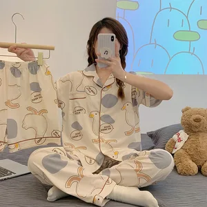 Three-piece Summer Pajamas for Women, Cute Short-sleeved Trousers, Thin Summer Home Clothes Set for Outer Wear