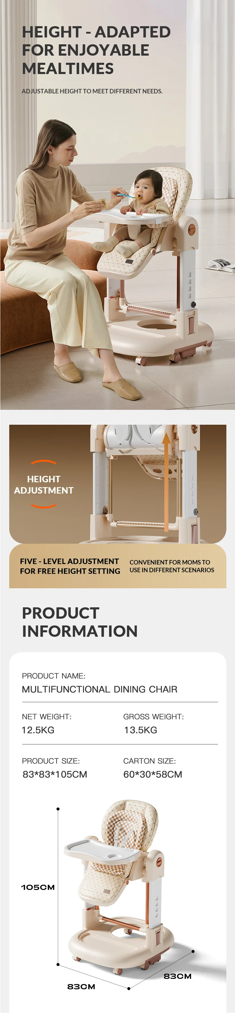 Joyous 3 In 1 Foldable Portable Multifunctional Adjustable Baby Feeding Dining High Chair Baby Walker Swing Rocker Eating Chair