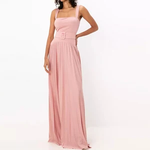 Lady Summer Style Square Neck Maxi Dress With Party Elegant Slim Custom Designed Clothing Belted Pleated Flowy Dress Women