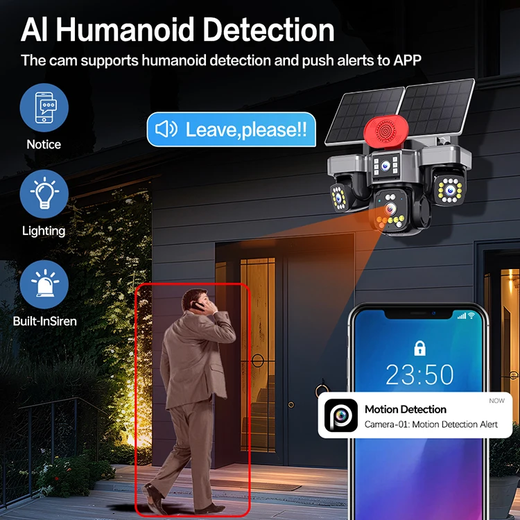 AI auto tracking solar security camera following moving targets