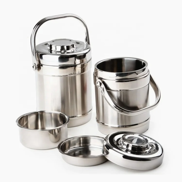 Double Walled Takeway Food Container Carrier Round Stainless Steel Thermal Lunch Box for Soup