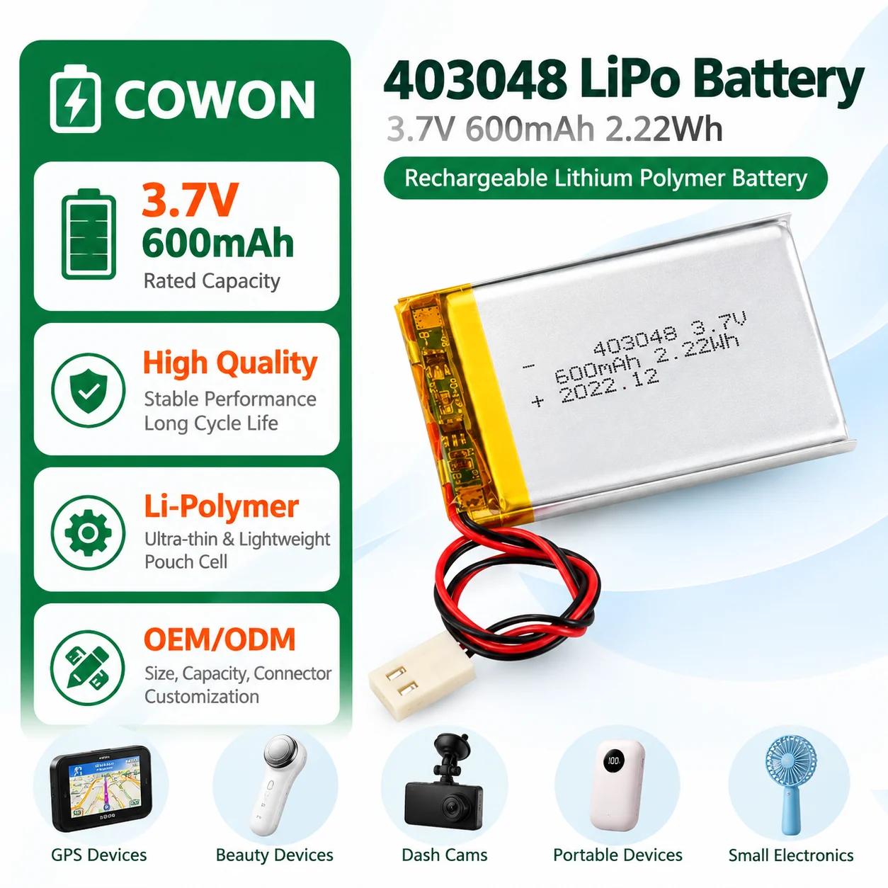 403048 Lipo 3.7V 600mAh High Quality Replacement Lithium Polymer Battery Rechargeable Li-Polymer Pouch Cell for GPS Beauty