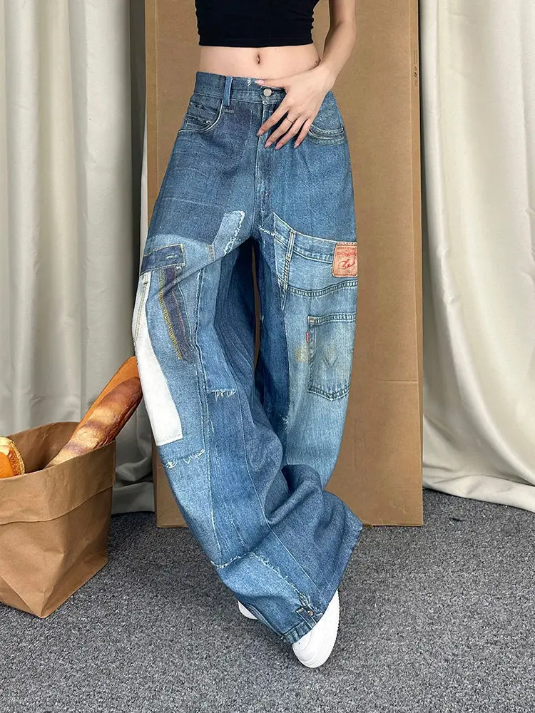 Custom Washed Washed Rhinestone Wide Leg Jeans Denim Pants Wide Leg Denim Jeans Baggy Women's Pants Women Jeans