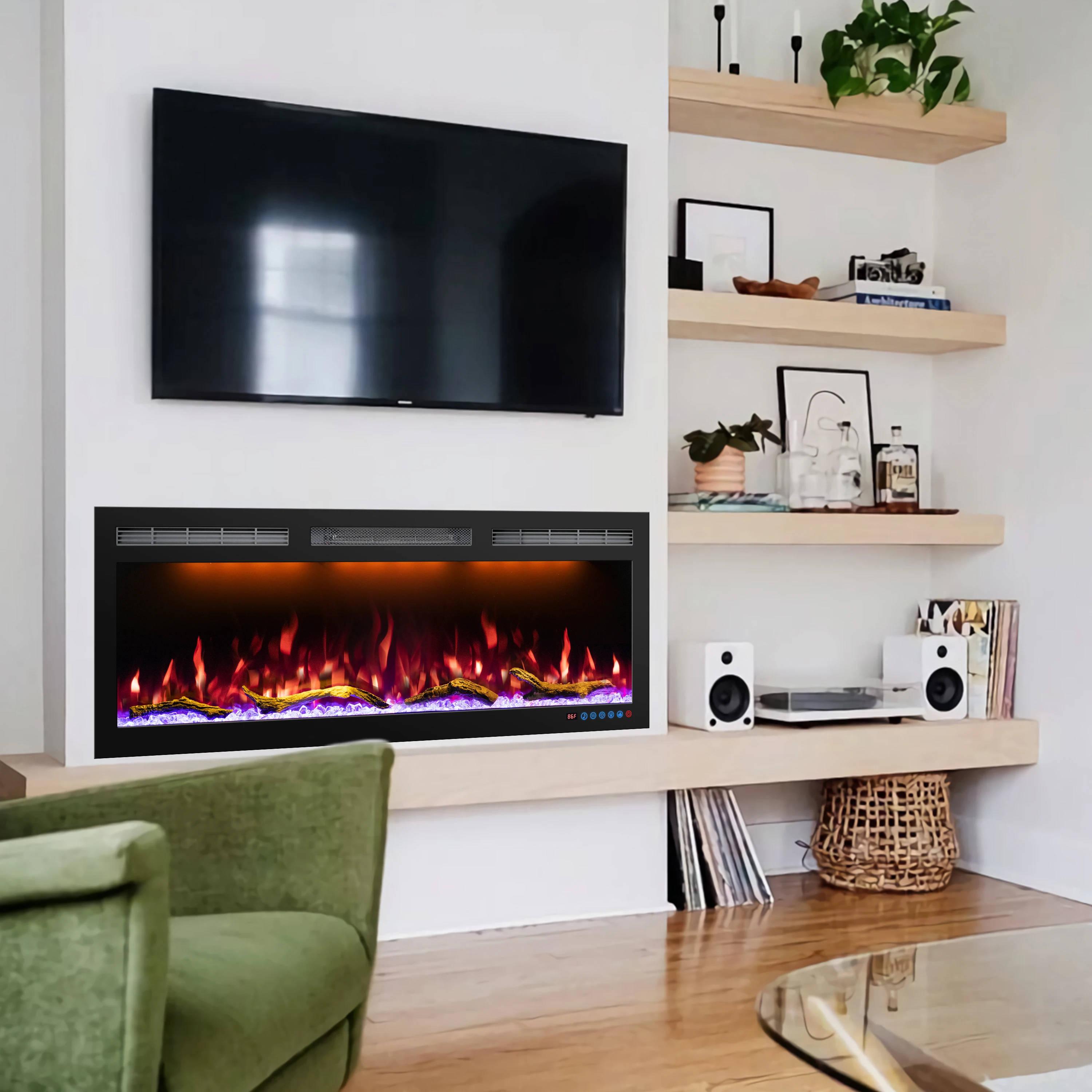 50" Wholesale Recessed WiFi-Enabled Electric Fireplace Inserts Electric Hearth with Thermostat Slim Frame Alexa APP Control