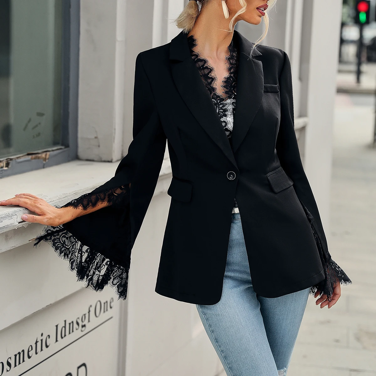 Blazer Para Mujer,Con Panel De Encaje Y Contraste De Pestañas,Color Negro,A  La Moda,2022 - Buy Alta Moda Chaquetas Y Americanas,Blanco Y Negro Chaqueta, Ropa De Las Mujeres Product on Alibaba.com