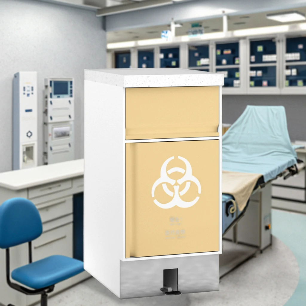 Push-Panel Stainless Steel Modern Clinical Waste Sorting Station 810mm Self-Closing Mechanism Two Compartment Bins School 4
