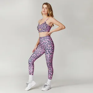 Leopard Print Tight Suspender Sports Bra with High Waist and Hip Lifting Pleated Yoga Suit Set