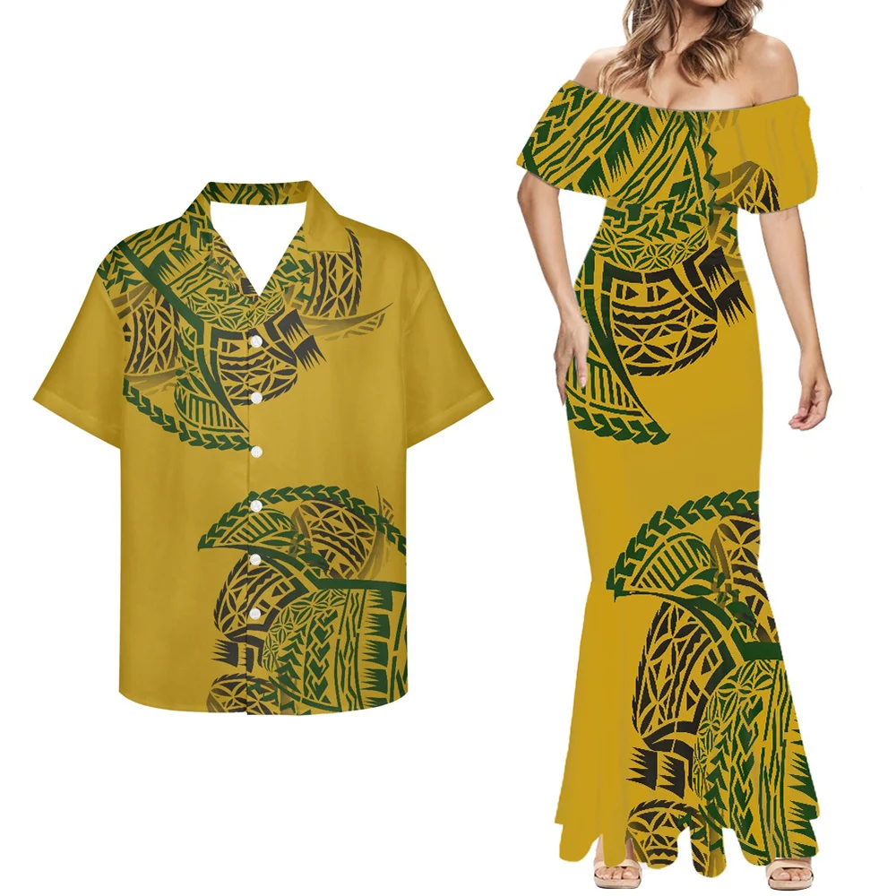 Yellow Polynesian Tribal Pattern Plus Size Women Clothing 7XL Custom Samoan Fiji Couple Clothes 2pcs Men Shirt and Mermaid Dress