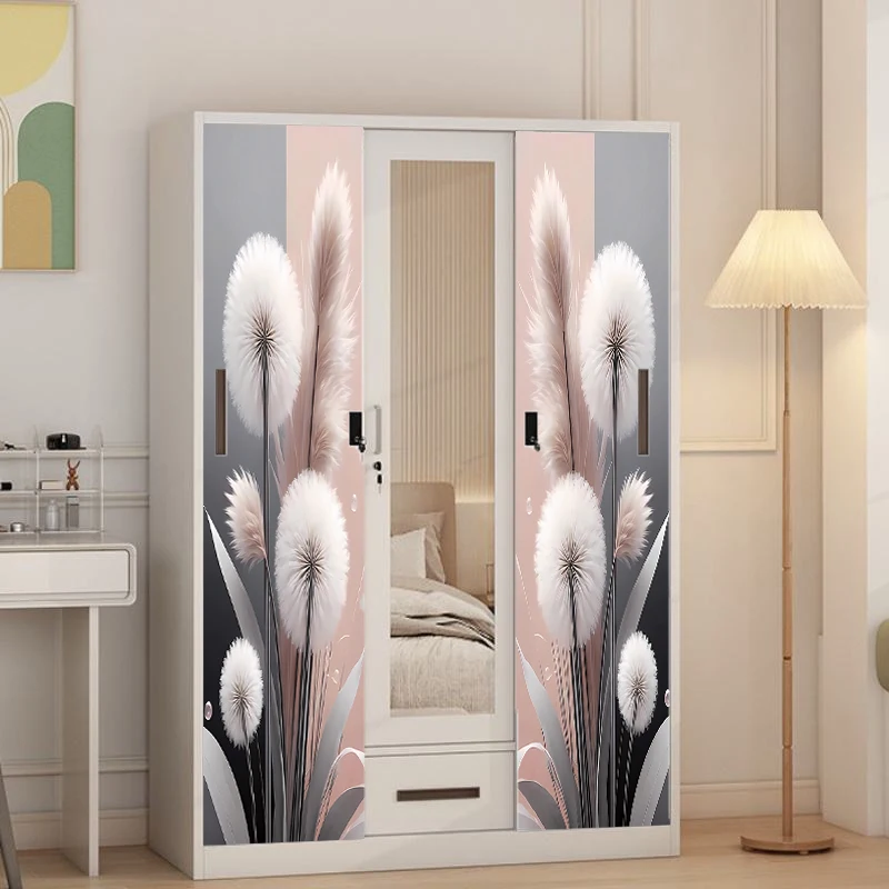 Three Door Steel Sliding Wardrobe with Mirror Drawer Design for Bedroom Storage