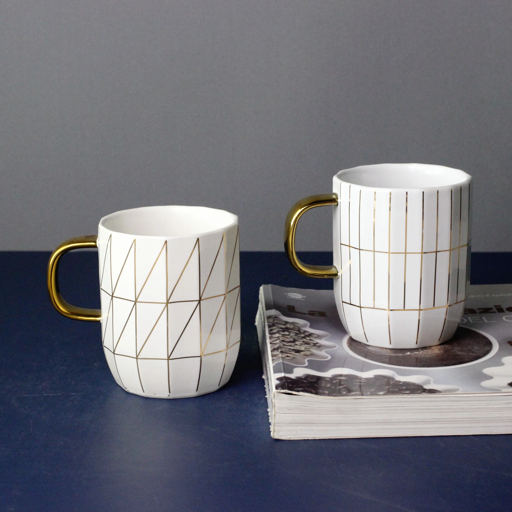 Nordic Luxury Gold Line Polygon Custom Ceramic Coffee Mug WIth Gold Handle Porcelain Cup With Spoon