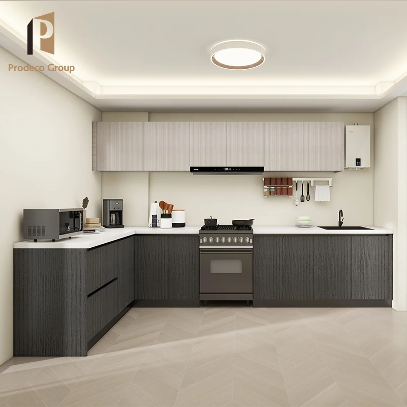 Custom Wooden Modular L Shaped Black Modern Full Acrylic Kitchen ...