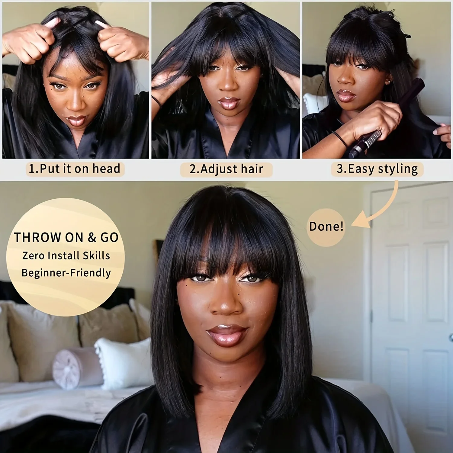 Brazilian Straight Bob Lace Wigs 100% Human Hair Bangs Fringe Middle Part Realistic Scalp_voghion.com