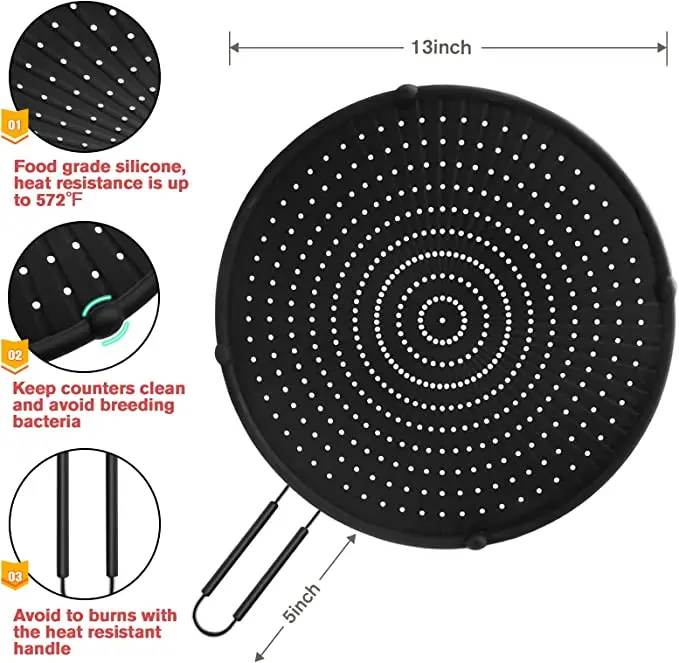 Multi-Use Heat Resistant Food Safe Frying Pan Hot Cooking Splash Grease Guard Drain Board Silicone Oil Splatter Screen