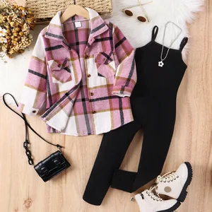 Comfortable Girl Clothing Set Solid Color Cotton Suspender Jumpsuit with Plaid Shirt Jacket Casual Style Clothes for Kids