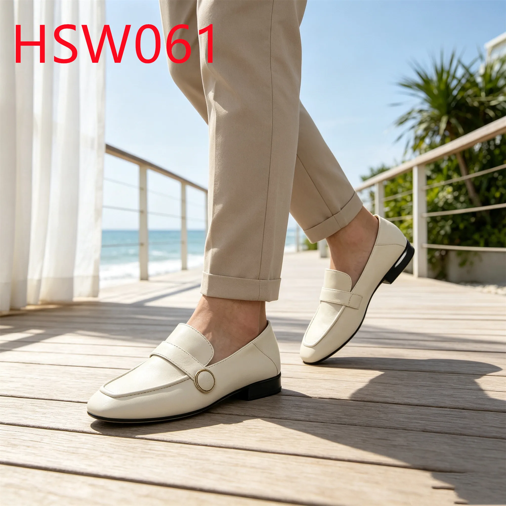 HY,Beach Walking White/beige Full Grain Leather Hua Singh Moccasin Shoes Casual Settings Button Design Lady Loafer Shoes HSW061