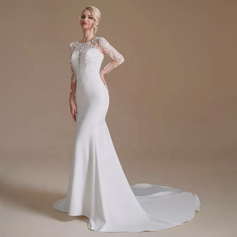 In Stock Long Sleeve V Neck Lace Beaded Top Bridal Gown Women Ivory Crepe  Mermaid Chapel Train Wedding Dresses