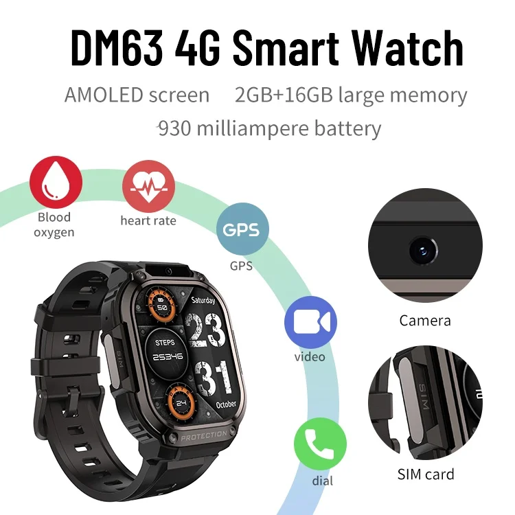 DM63 4G Android Smart Watch With Camera 2.13 Inch Amoled Large Screen Smartwatch 5G Sim Card Support Wifi and App Download