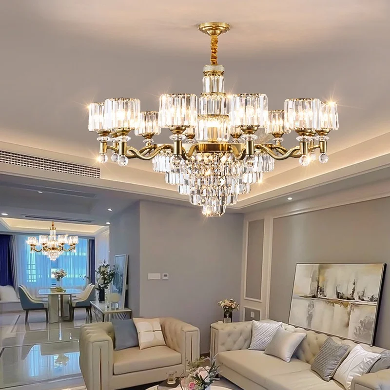 Wohnzimmer-Kronleuchter aus vollständigem Kupfer mit Kristallen und LED-Gold, amerikanischer Stil, luxuriös und elegant, Zweig-Design, Modell 2026