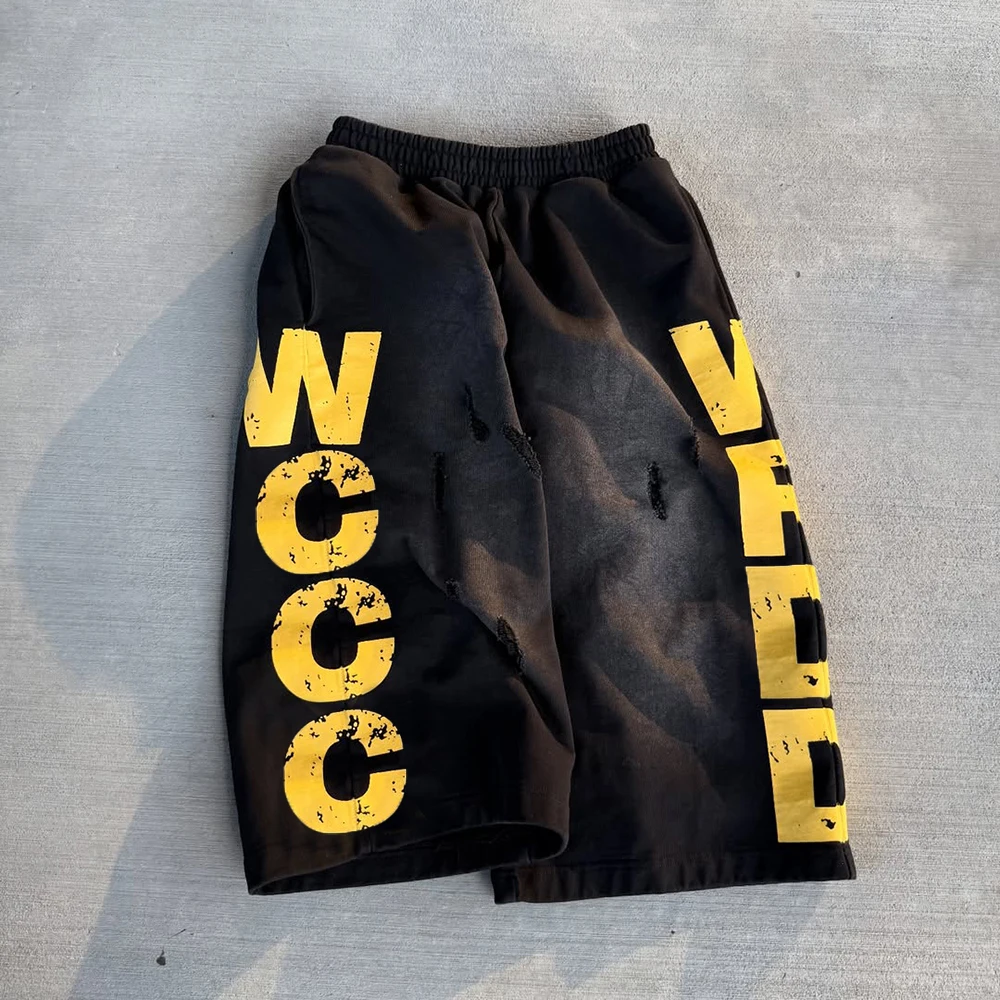 Manufacturer Custom Printed Men's Oversized Knee Length Ripped Distressed Baggy Vintage Acid Wash Sweat Jogger Shorts factory