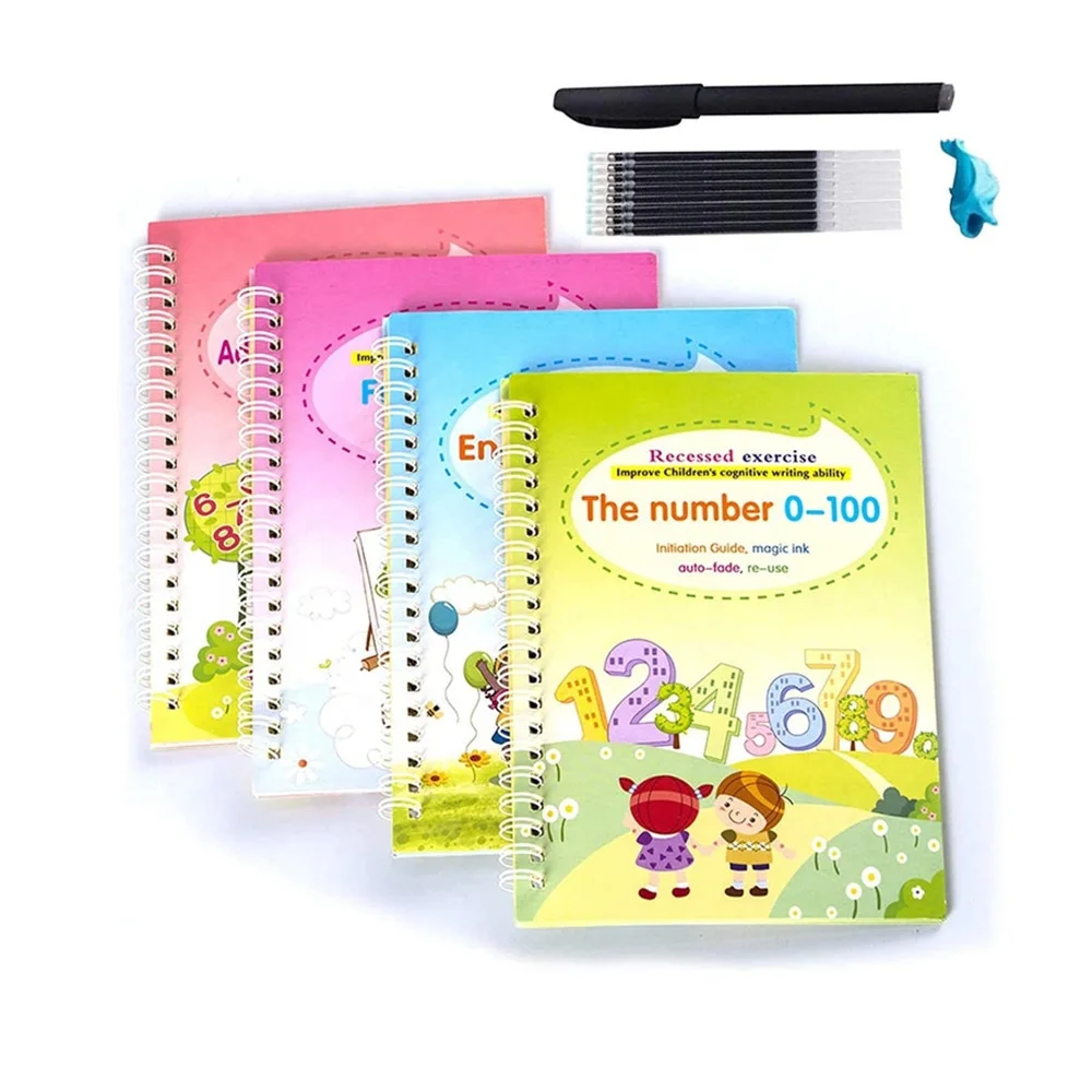 4PCS Kids Magic Writing Board Magic Calligraphy Tracing Book with 1 Disappearing Ink Pen for Kid Calligraphic Letter Writing Reusable Handwriting Copybooks Magic Writing Paste 