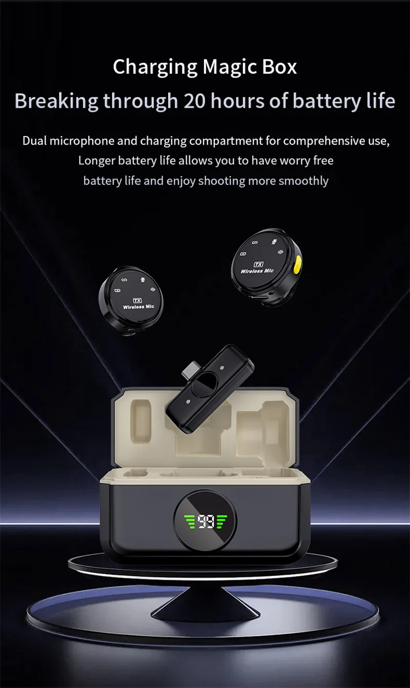 Q8 Professional Wireless Lavalier Microphone Magnetic Lapel Microphone with Charging Case for iPhone and Android Phone