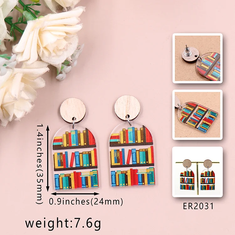 MD125ER2031 1pair New product CN Drop book lover Bookshelf  TRENDY teacher gift Acrylic stainless steel earrings Jewelry manufacture