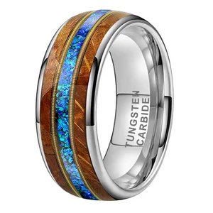 Coolstyle Jewelry 8mm Whisky Wood Guitar String Blue Opal Inlay Tungsten Ring for Men Women Fashion Engagement Wedding Band