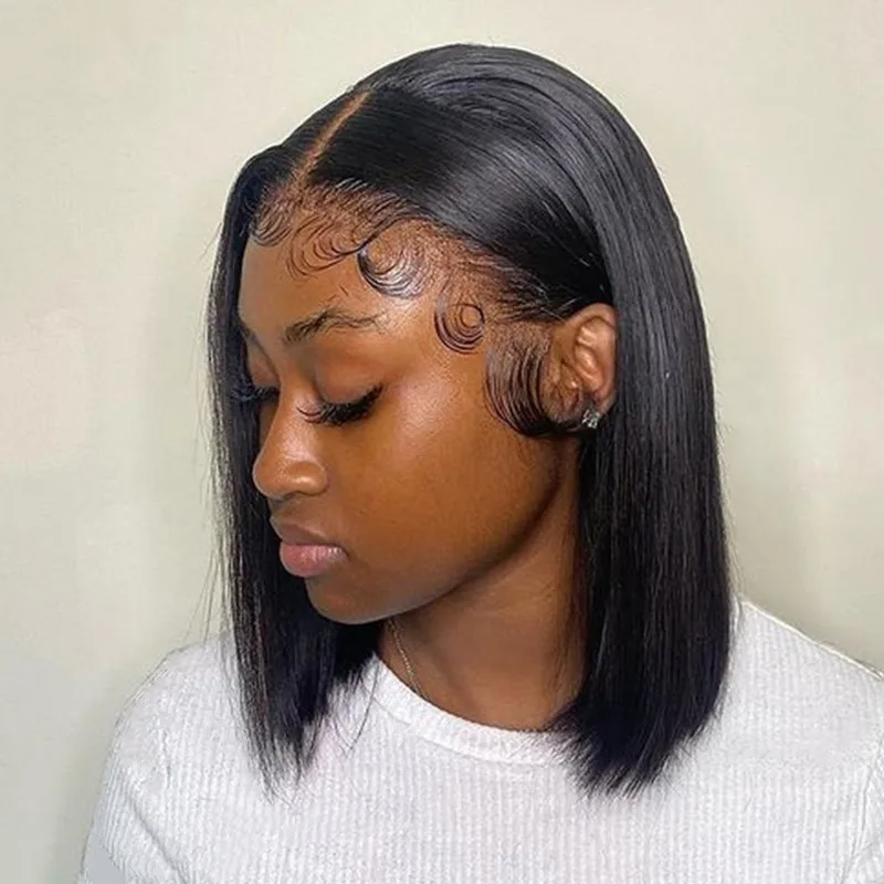 European and American Women's Short Straight Black Wig Middle Part Front Lace Rose Net Hair Set Made of Chemical Fiber