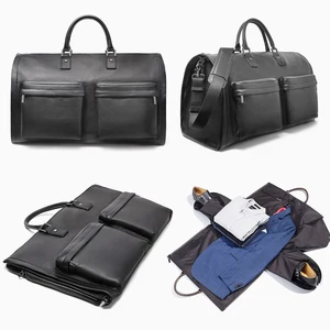 Custom Logo Pebble Leather Black Mens Travel Garment Suit Duffle Weekender Bag