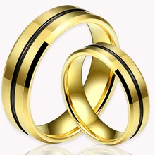 6MM Gold Plated Tungsten Carbide Ring Black Inlaid Matching Couple Set Engagement Wedding Band for Couple