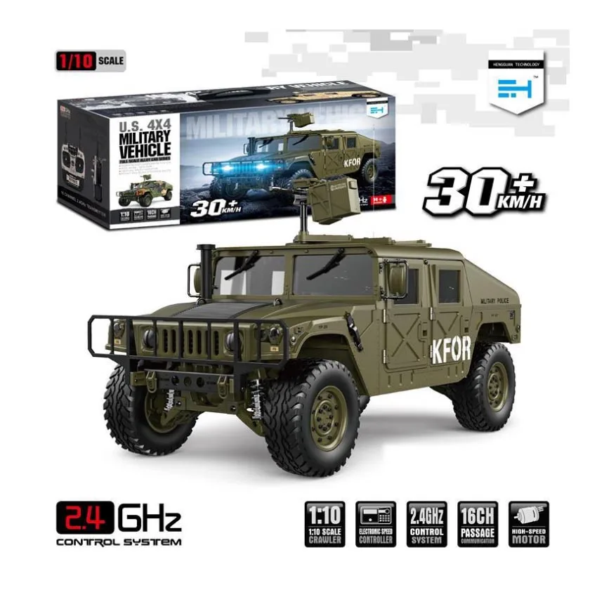 Upgraded 1/10 4X4 2.4G 4WD 16CH  Headlight and Sound HG P408 RC Army Truck Toys for Kids with Remote Control