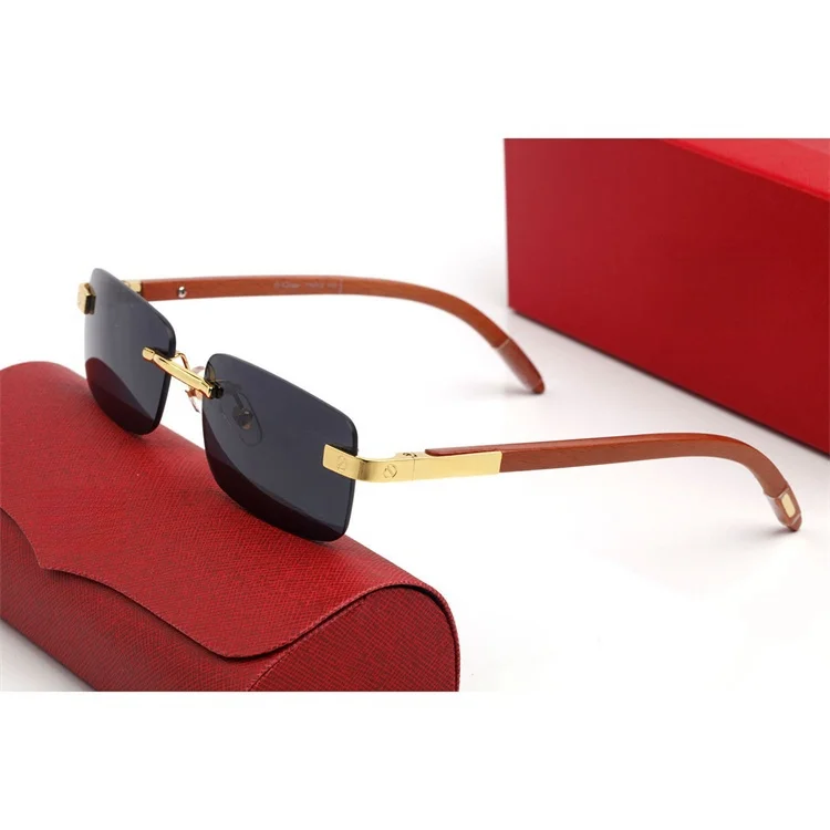 Rimless Rectangle Frame Wooden Legs High End For Men Designer Shades