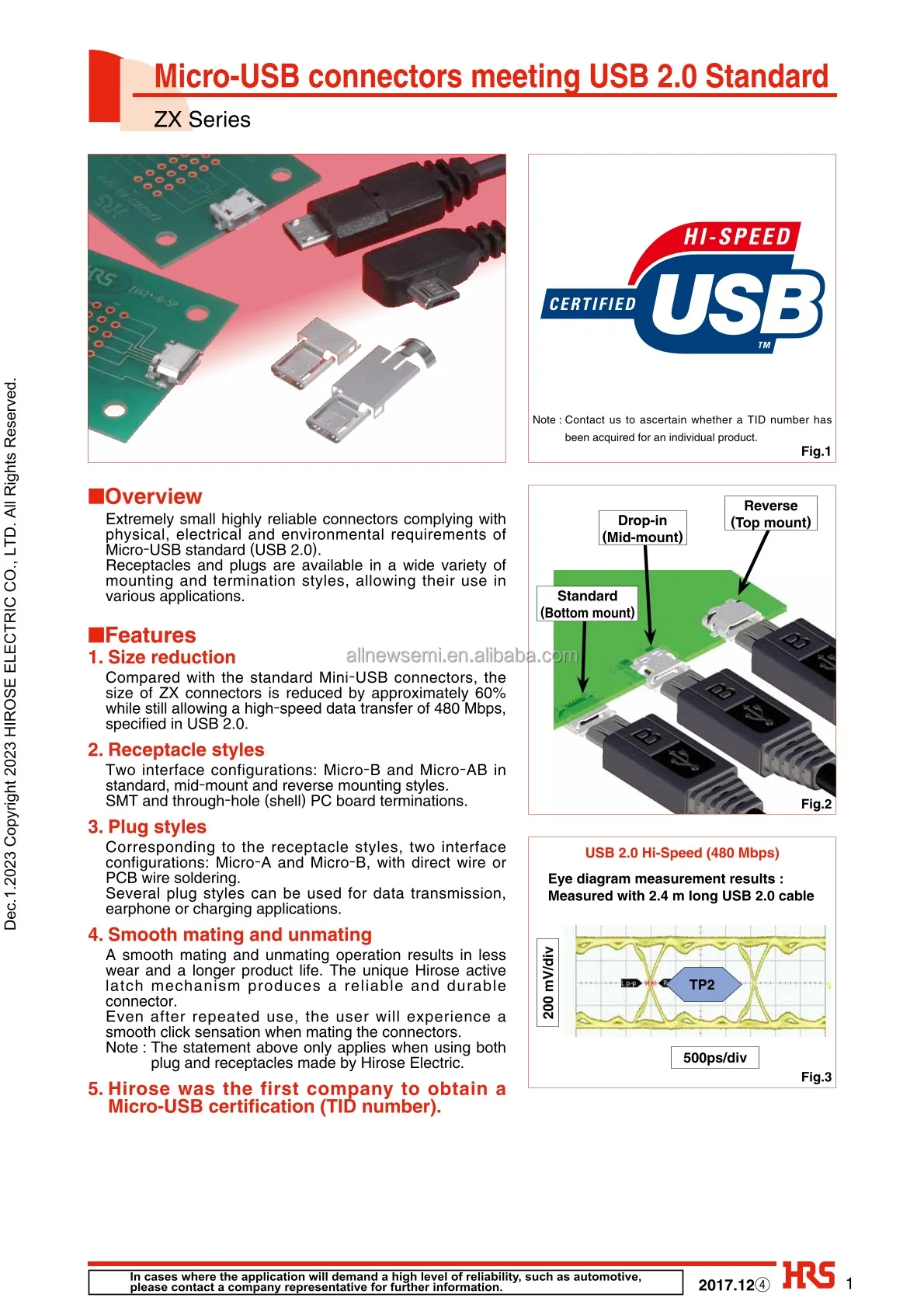 Hot sale Original ZX62-AB-5PA(31) Connector SMD USB - micro AB USB 2.0 Receptacle Connector 5 Position Surface Mount Right Angle