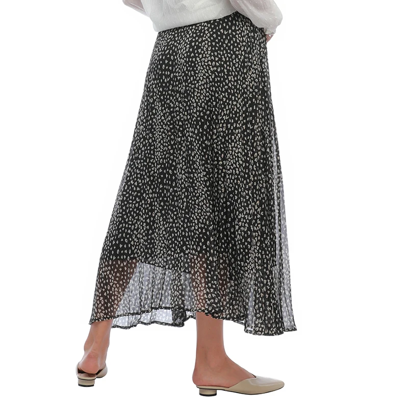 Осенняя плиссированная шифоновая черная трапециевидная длинная Повседневная Женская юбка до середины икры из полиэстера с принтом для девушек